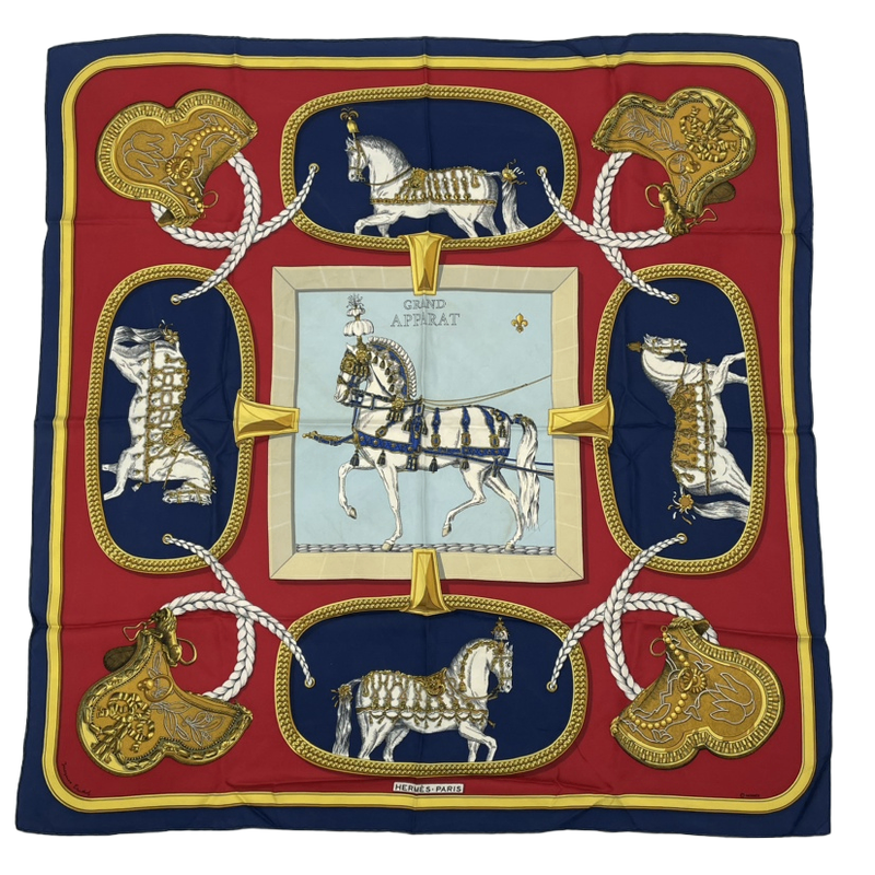 Hermes Carre 90 Grand Apparat Horse In Full Dress Multicolor Scarf 100% Silk