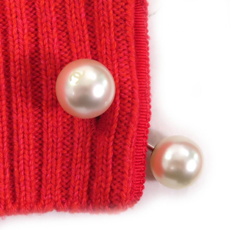 CHANEL P57305 100% Cashmere Coco Mark Pearl V-neck Long Sleeve Knit Sweater Red