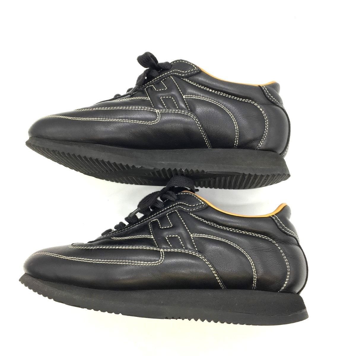 Hermes H Logo Cowhide Calf Classic Black Low Cut Sneakers Women's Black Size