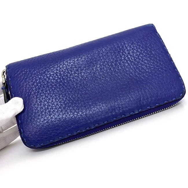Fendi Round Zipper Long Wallet Blue Selleria Wallet Leather Preowned