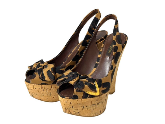Louis Vuitton Leopard Print Sandals Wedge Sole Brown Black Gold