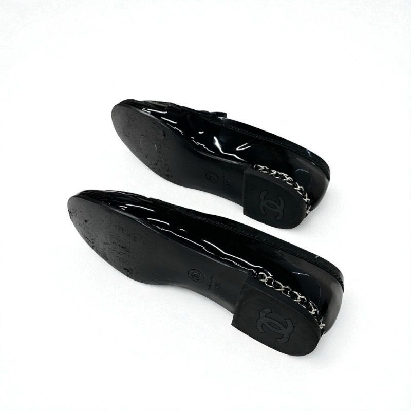 Chanel Loafers Leather Shoes Patent Black White Silver Here Mark Chain Flat