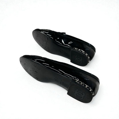 Chanel Loafers Leather Shoes Patent Black White Silver Here Mark Chain Flat
