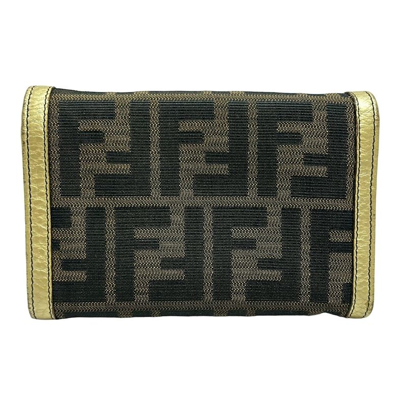 Fendi Bifold Wallet In Zucca Pattern 8m0029 Beige Dark Brown And Gold Leather