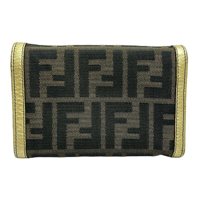 Fendi Bifold Wallet In Zucca Pattern 8m0029 Beige Dark Brown And Gold Leather