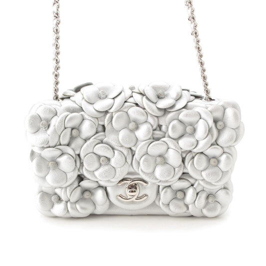 Chanel Quilted 20 Camellia Lambskin Chain Shoulder Bag CC Logo Silver
