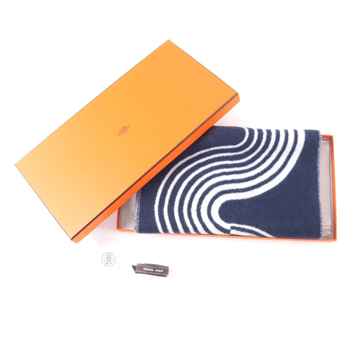 Hermes Kazak Vogue Cashmere Scarf with Fringe Navy White — view 2
