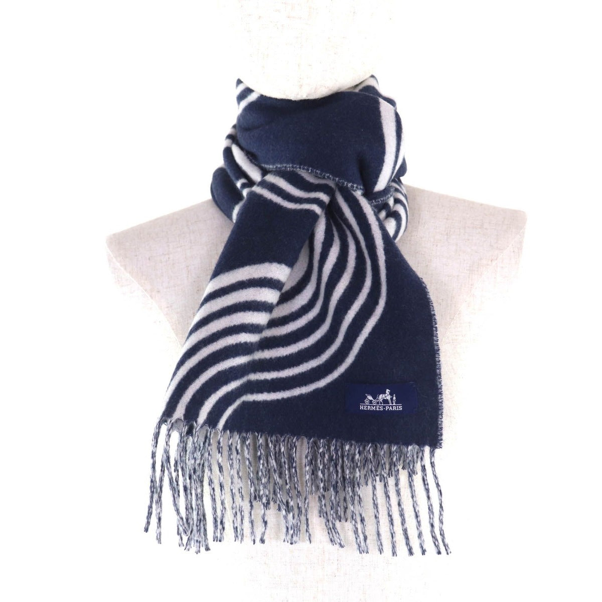Hermes Kazak Vogue Cashmere Scarf with Fringe Navy White — view 4