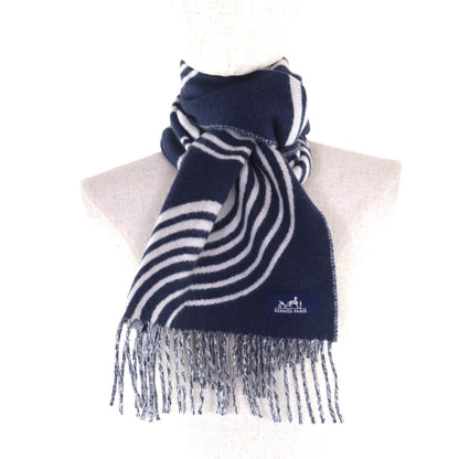 Hermes Kazak Vogue Cashmere Scarf with Fringe Navy White — view 4