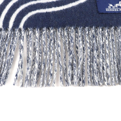 Hermes Kazak Vogue Cashmere Scarf with Fringe Navy White — view 5