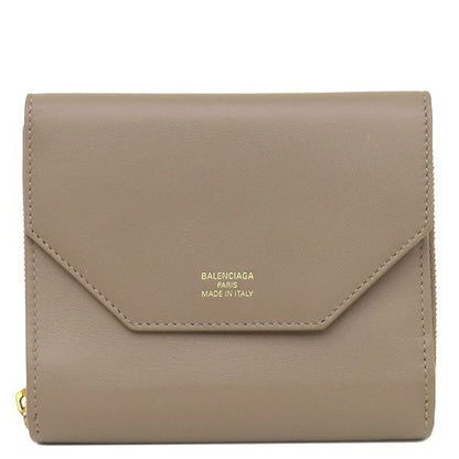 Balenciaga Trifold Wallet Envelope Compact Leather Brown Gold Coin Purse