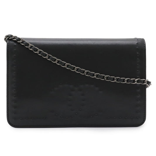 Chanel CC Logo Chain Wallet Shoulder Bag Pochette Crossbody Leather Black