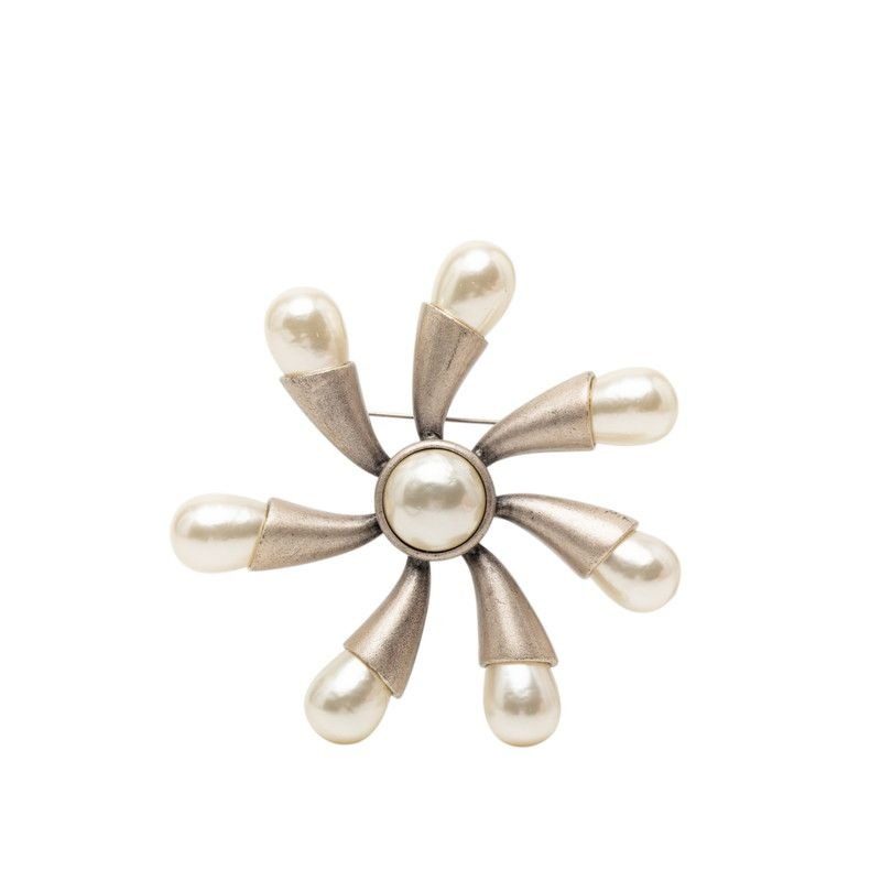 Chanel Brooch Silver Metal Faux Pearl