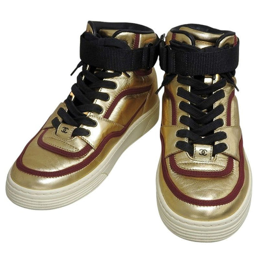 Chanel 2020 Coco Mark Gold Leather High Cut Sneakers Shoes