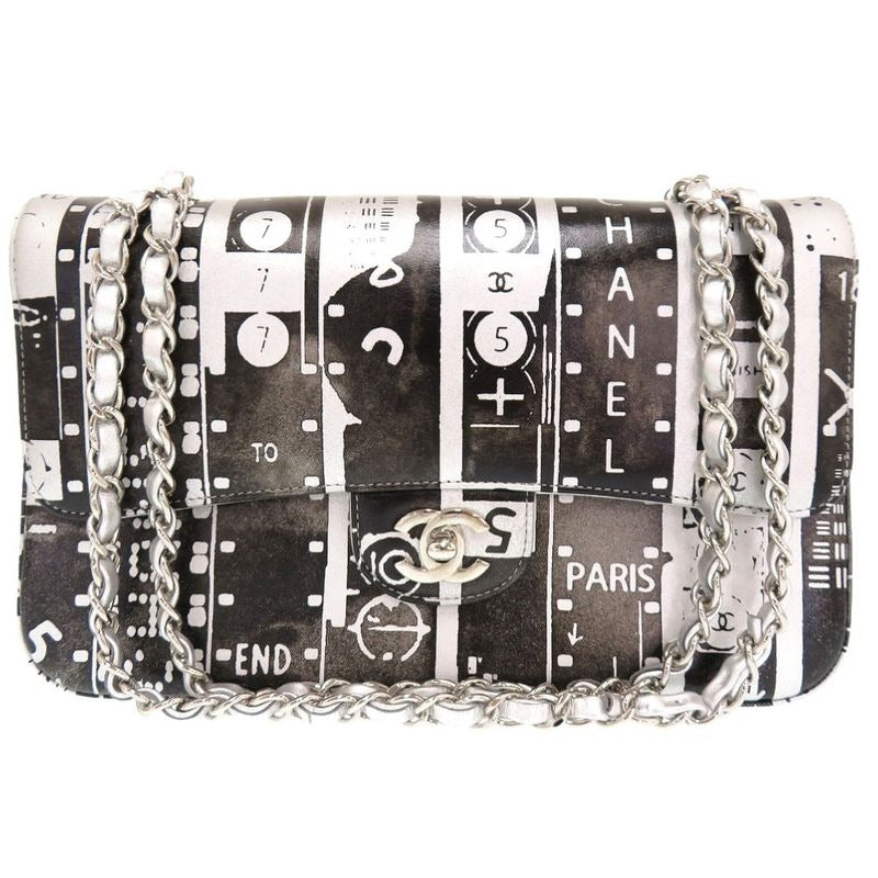 Chanel Quilted 25 Print Double Flap Leather Black 23 rd Silver Hardware