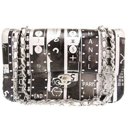 Chanel Quilted 25 Print Double Flap Leather Black 23 rd Silver Hardware