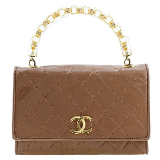 Chanel Quilted Plastic Handle Vintage Lambskin Beige Handbag