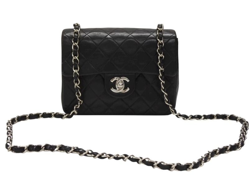 Chanel Mini Quilted 17 Shoulder Bag CC Logo Lambskin Black Silver