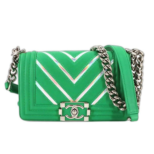 Chanel Small Chain Shoulder Bag Lambskin Green Silver