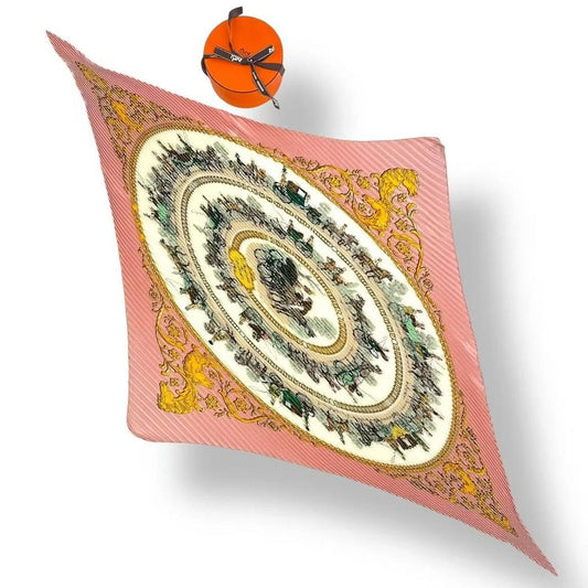 Hermes Scarf Silk Pleats la Promenade de Longchamps Walk to Long Chien Pink