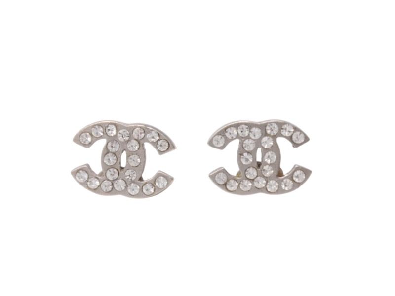 Chanel CC Logo Earrings 09 Rhinestone Metal Silver Clear