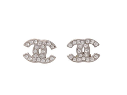 Chanel CC Logo Earrings 09 Rhinestone Metal Silver Clear