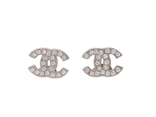 Chanel CC Logo Earrings 09 Rhinestone Metal Silver Clear