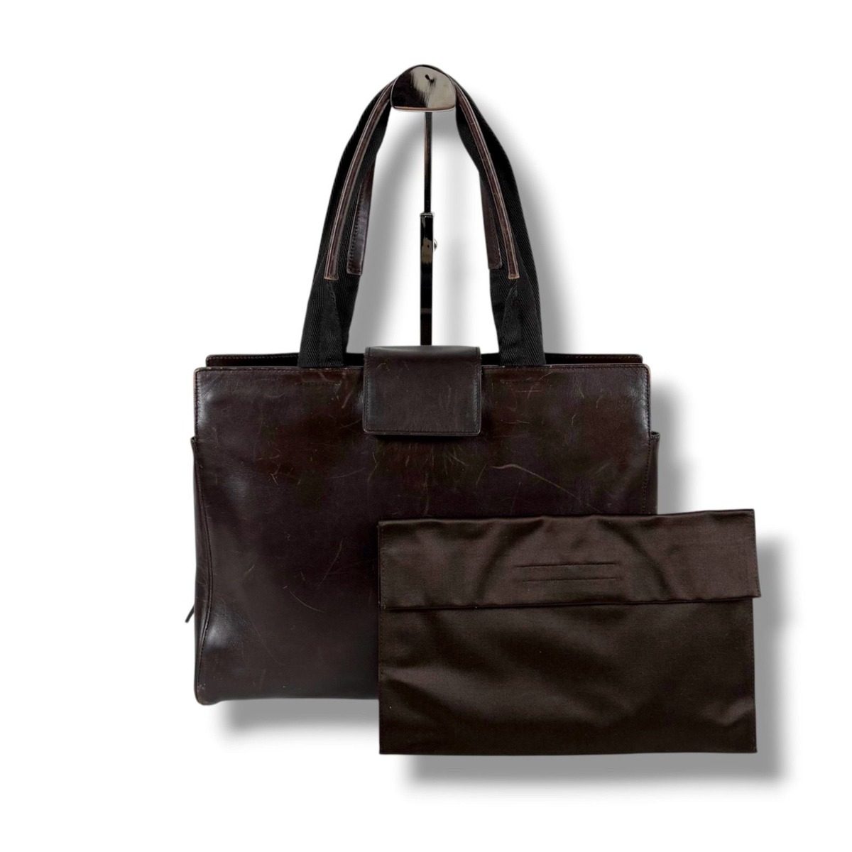 Prada Leather Tote with Pouch Embossed Logo Dark Brown Mini — view 14