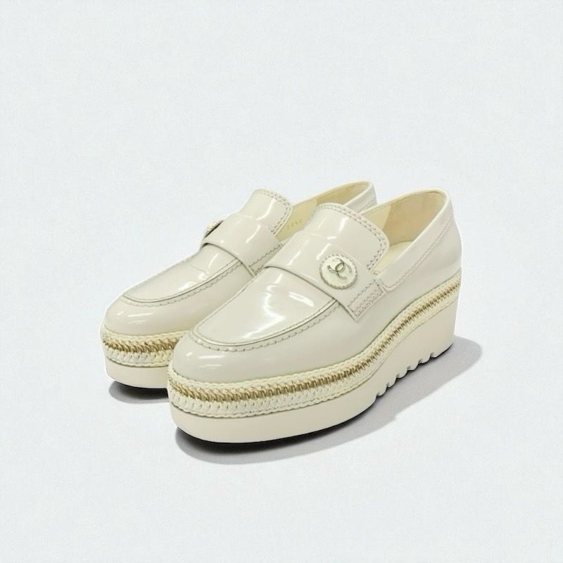 Chanel Loafer Leather Shoes Patent Leather White Gold Here Mark Thick Sole