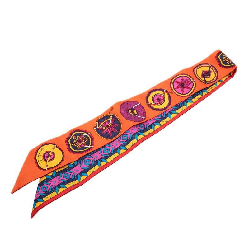 Hermes Twilly Balles du Mexique Mexican Scarf Multicolor Orange Silk