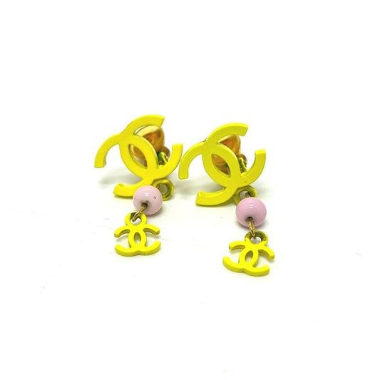 Chanel Earrings Coco Mark 2 Rows Metal Yellow