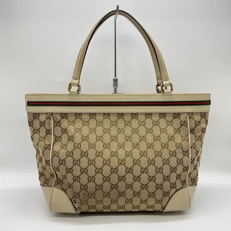 Gucci 257061 Tote Handbag GG Canvas Sherry Leather Beige Ladies Men Vintage