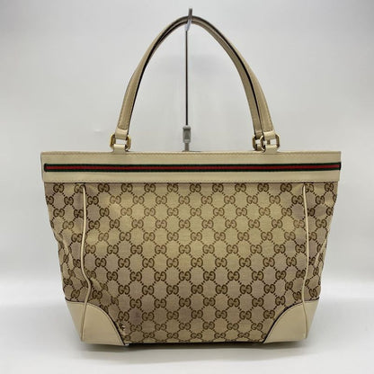 Gucci 257061 Tote Handbag GG Canvas Sherry Leather Beige Ladies Men Vintage