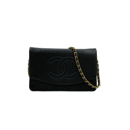 Chanel CC Logo Wallet Caviar Leather Black Chain Shoulder Bag Gold