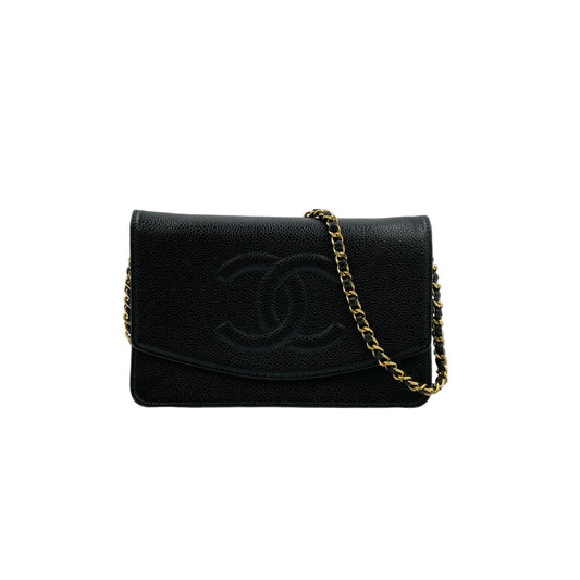 Chanel CC Logo Wallet Caviar Leather Black Chain Shoulder Bag Gold