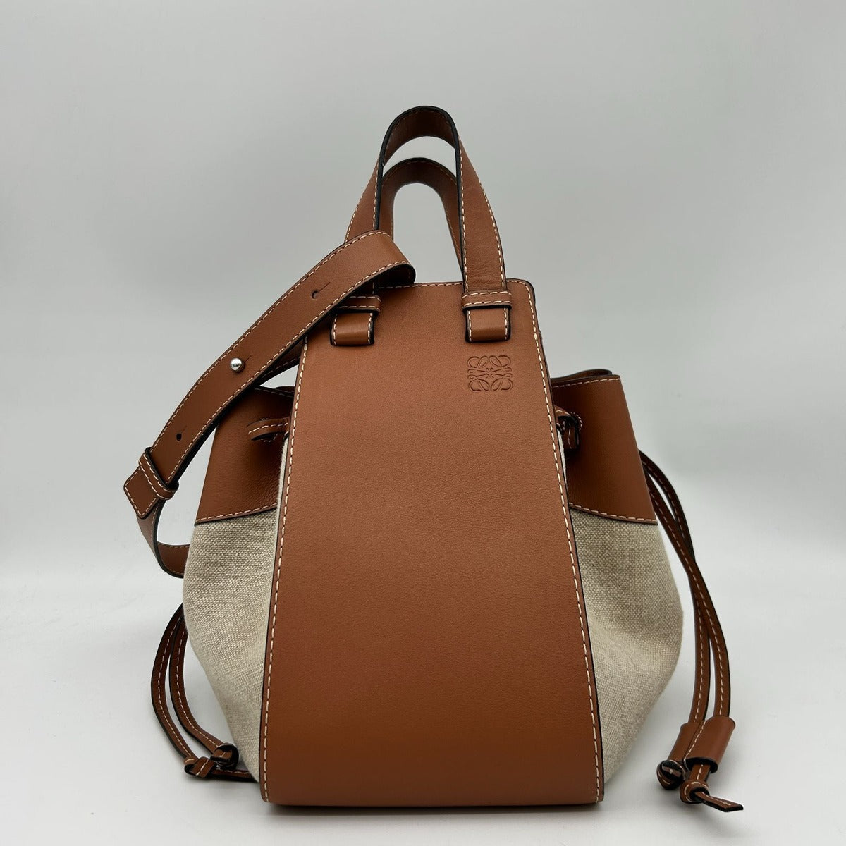 Loewe Hammock Drawstring Leather Shoulder Bag 2-Way Brown Silver
