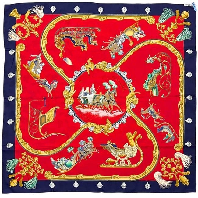 Hermes Scarf Carre 90 Red Navy Feather and Bell — view 2