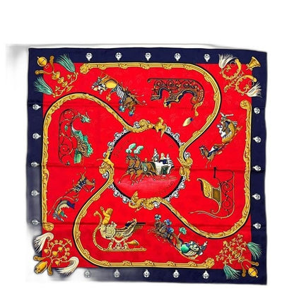 Hermes Scarf Carre 90 Red Navy Feather and Bell