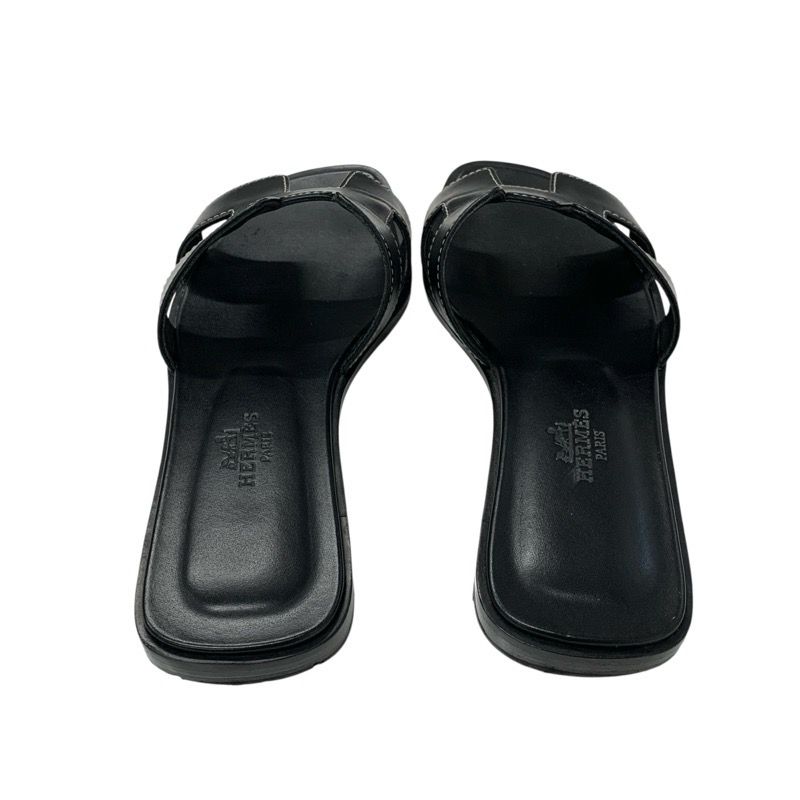 Hermes Oran Sandals Shoes Leather Black Flat Sandals Mules