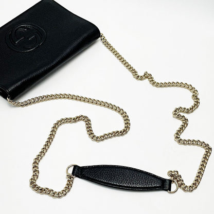 Gucci Soho 598211 Black Shoulder Bag Interlocking GG Women's Gold