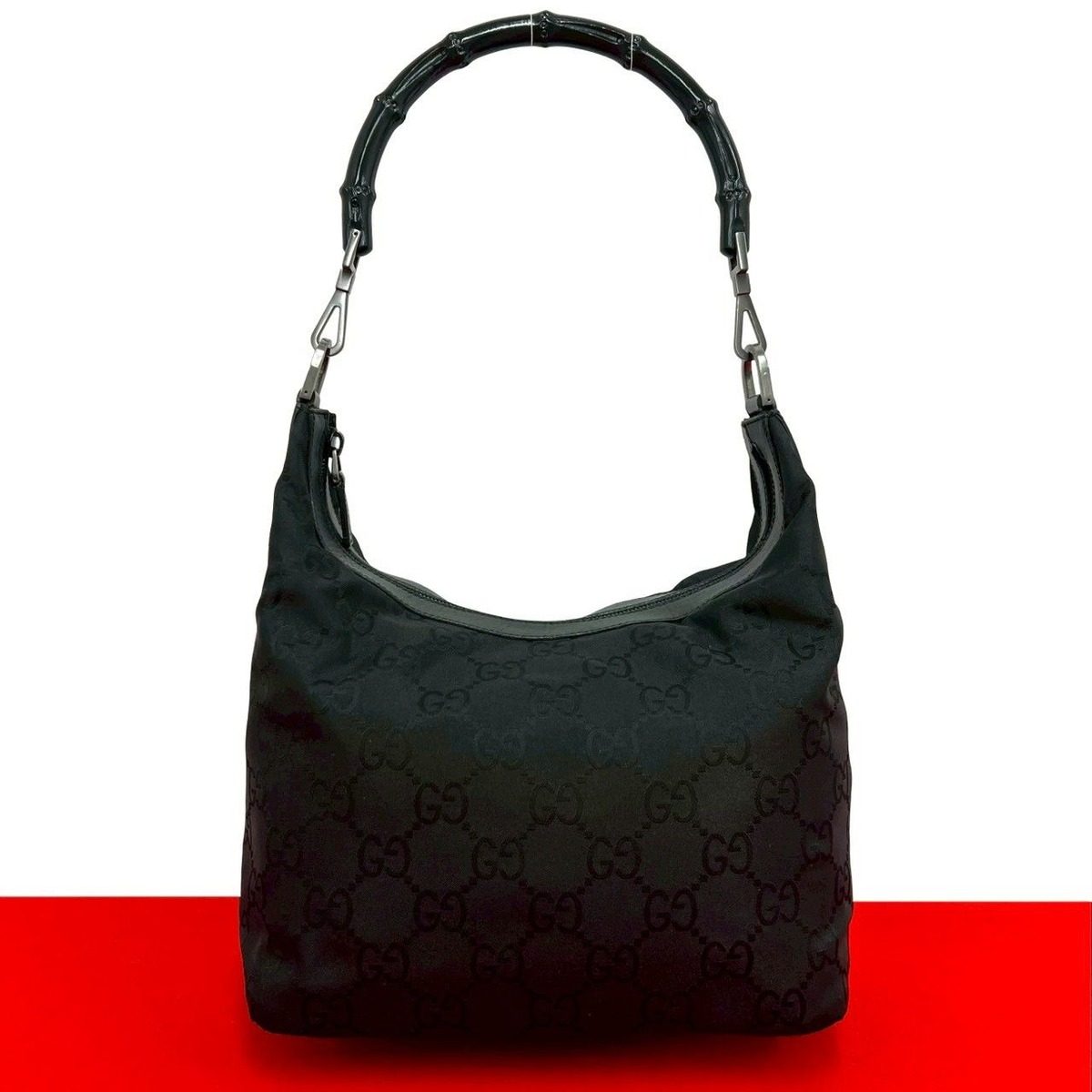 Gucci GG Canvas Bamboo Leather Shoulder Bag Semi Black