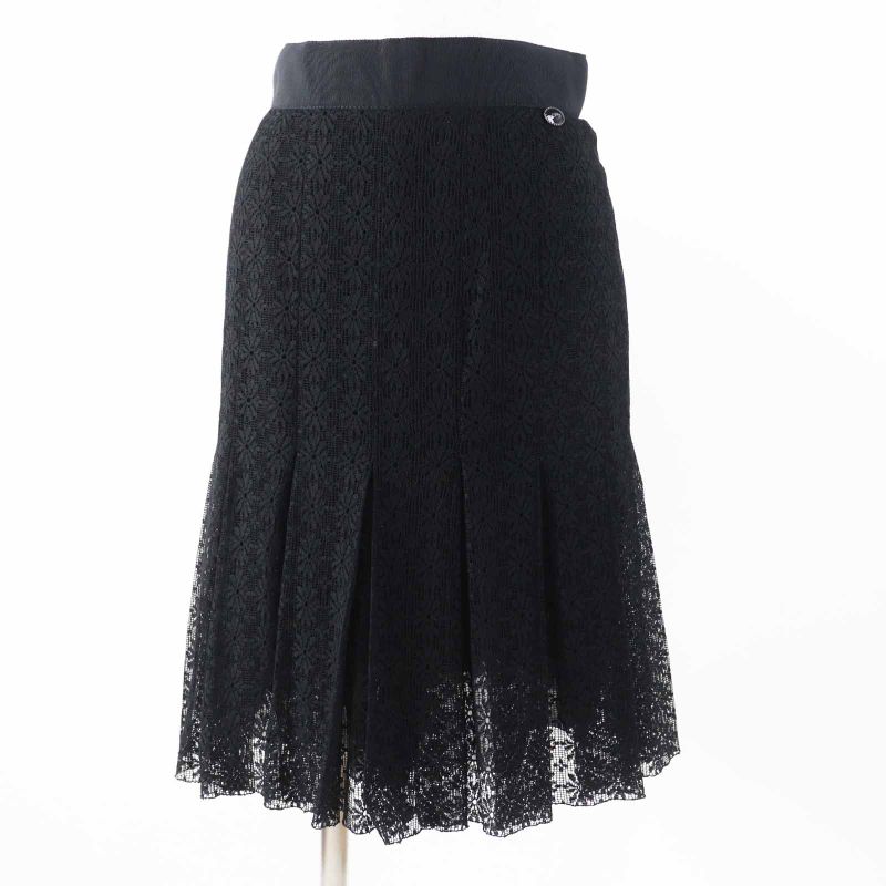 CHANEL P51456 Cutworker With Coco Plaque Plate Cles Leath Pleated Skirt Black