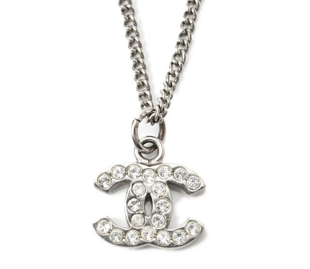 Chanel Necklace Pendant Chanel Coco Mark CC Rhinestone Silver White