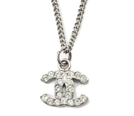 Chanel Necklace Pendant Chanel Coco Mark CC Rhinestone Silver White