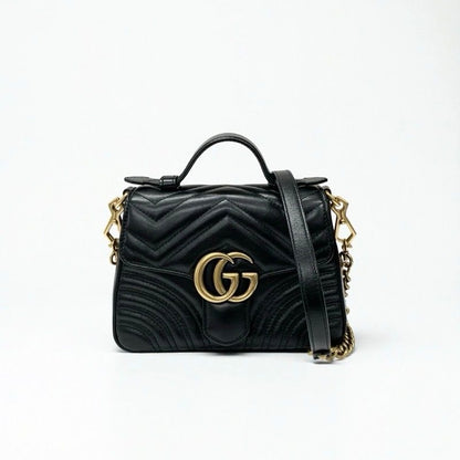 Gucci Bag Shoulder Black Gold GG Marmont Mini Top Handle 2-Way Handbag