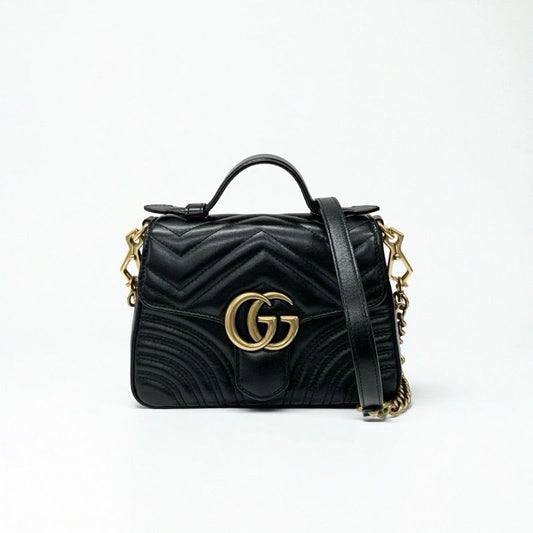 Gucci Bag Shoulder Black Gold GG Marmont Mini Top Handle 2-Way Handbag