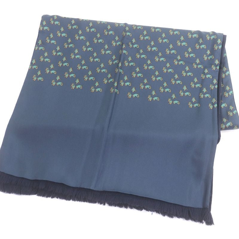 Hermes Silk Angora Horse Harness with All Over Pattern Fringe Scarf Shawl Navy