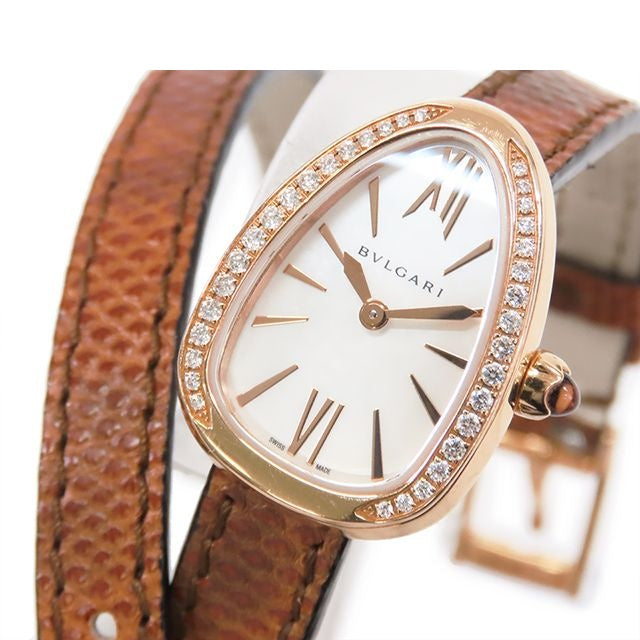 Bvlgari Serpenti White Shell 18K Pink Gold Water Snake Diamond Bezel Watch