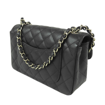 Chanel Chain Shoulder Bag Black Gold Caviar Leather Mini Quilted 20 CC Logo — view 2