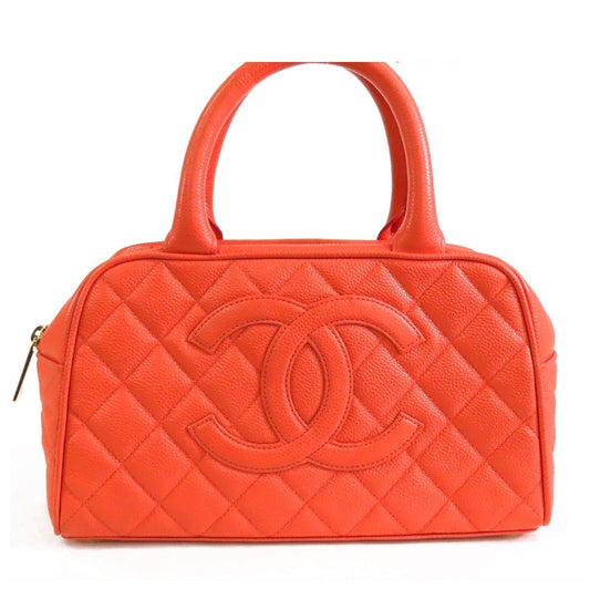 Chanel Mini Boston Bag Coral Gold Caviar Leather Quilted Stitching CC Logo